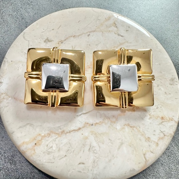 Vintage Two Tone Gold And Silver Square Clip-on Statement Earrings - Picture 2 of 5